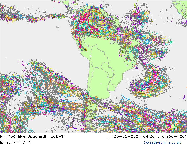 RH 700 гПа Spaghetti ECMWF чт 30.05.2024 06 UTC