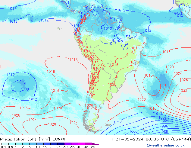 Totale neerslag (6h) ECMWF vr 31.05.2024 06 UTC