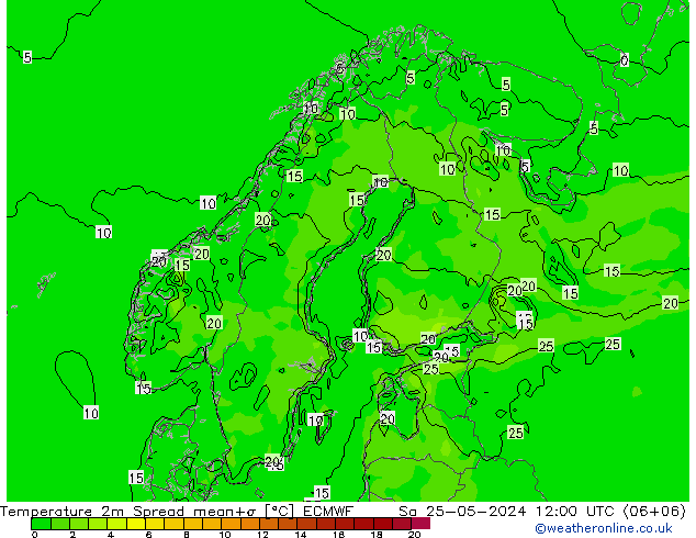 карта температуры Spread ECMWF сб 25.05.2024 12 UTC