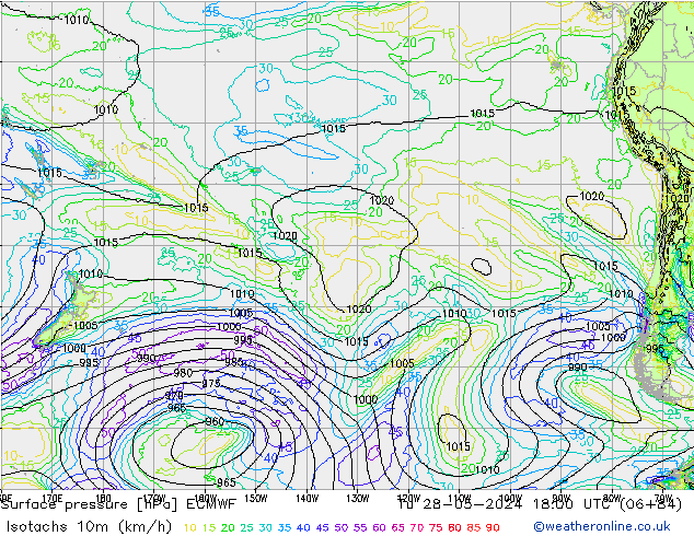 Eşrüzgar Hızları (km/sa) ECMWF Sa 28.05.2024 18 UTC