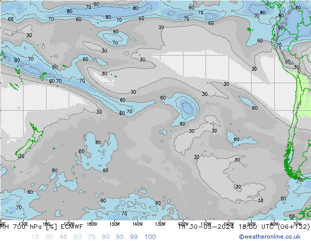 RH 700 hPa ECMWF Qui 30.05.2024 18 UTC