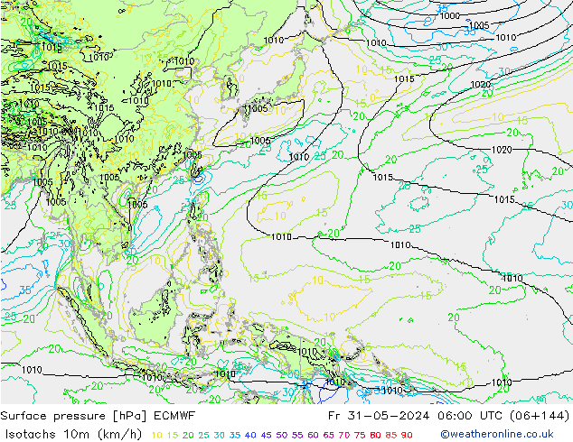 Isotachs (kph) ECMWF Fr 31.05.2024 06 UTC