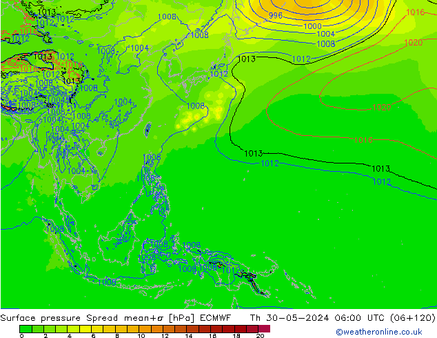 Surface pressure Spread ECMWF Th 30.05.2024 06 UTC