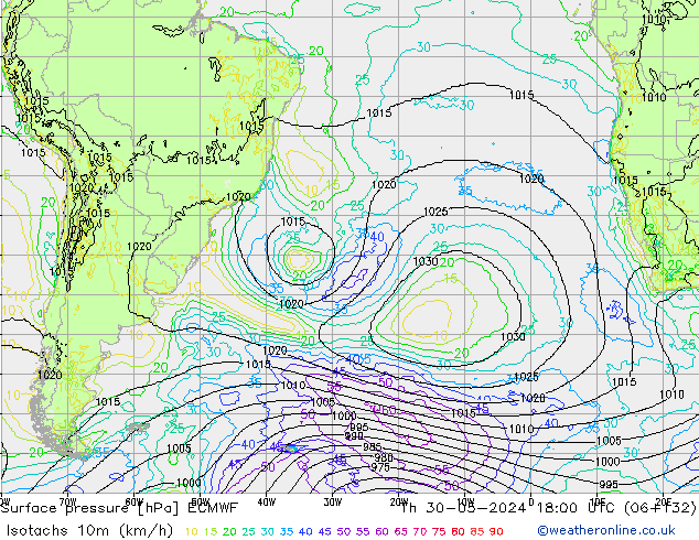 Isotachs (kph) ECMWF Qui 30.05.2024 18 UTC