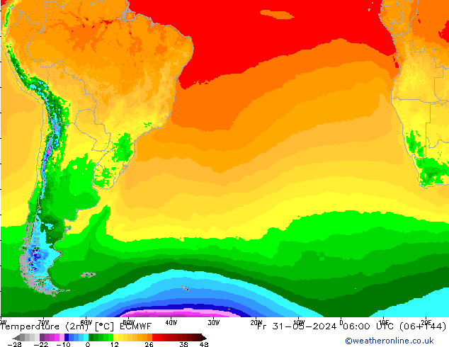 mapa temperatury (2m) ECMWF pt. 31.05.2024 06 UTC