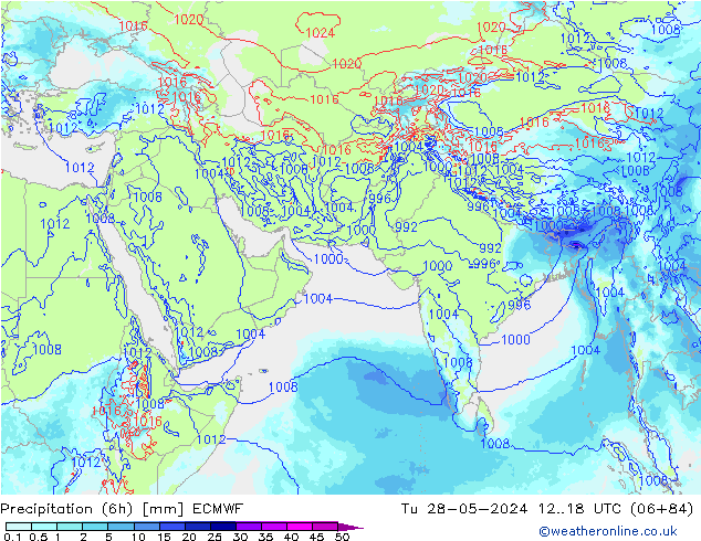 Precipitation (6h) ECMWF Út 28.05.2024 18 UTC