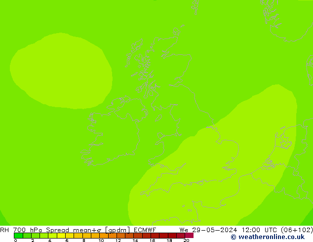 RH 700 hPa Spread ECMWF Qua 29.05.2024 12 UTC