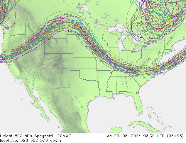 Height 500 hPa Spaghetti ECMWF We 29.05.2024 06 UTC