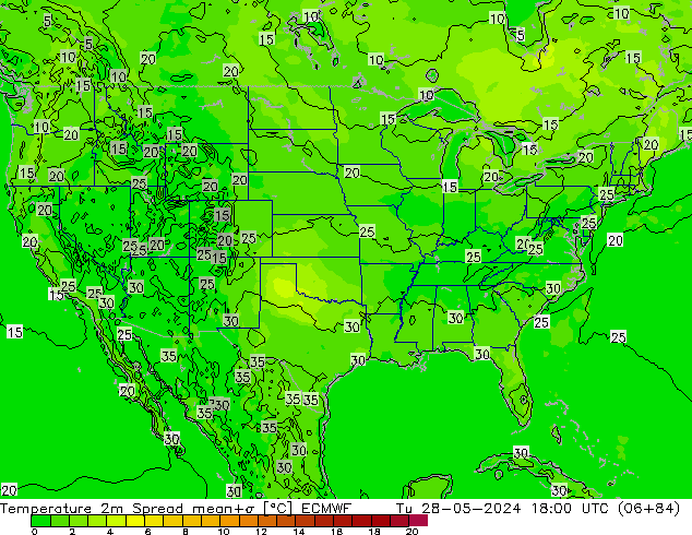 Temperatura 2m Spread ECMWF mar 28.05.2024 18 UTC