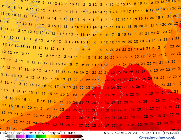 Height/Temp. 850 hPa ECMWF Mo 27.05.2024 12 UTC