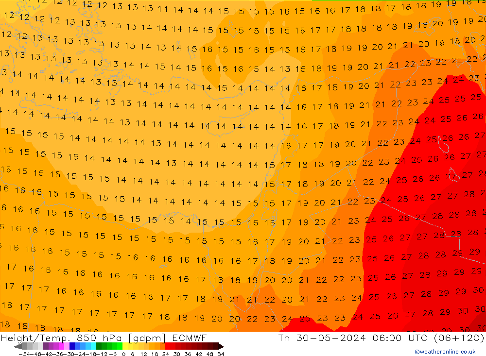 Geop./Temp. 850 hPa ECMWF jue 30.05.2024 06 UTC