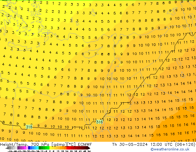 Height/Temp. 700 hPa ECMWF czw. 30.05.2024 12 UTC