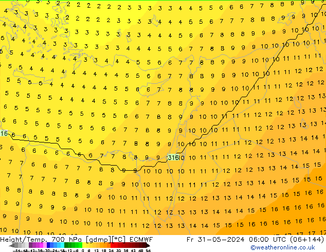 Hoogte/Temp. 700 hPa ECMWF vr 31.05.2024 06 UTC