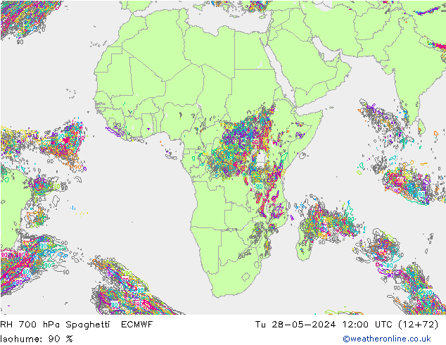 RH 700 hPa Spaghetti ECMWF Tu 28.05.2024 12 UTC