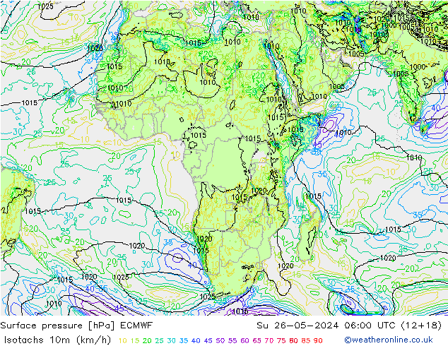 Isotaca (kph) ECMWF dom 26.05.2024 06 UTC