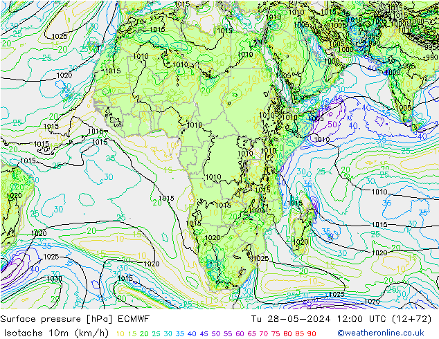 Isotachs (kph) ECMWF Tu 28.05.2024 12 UTC