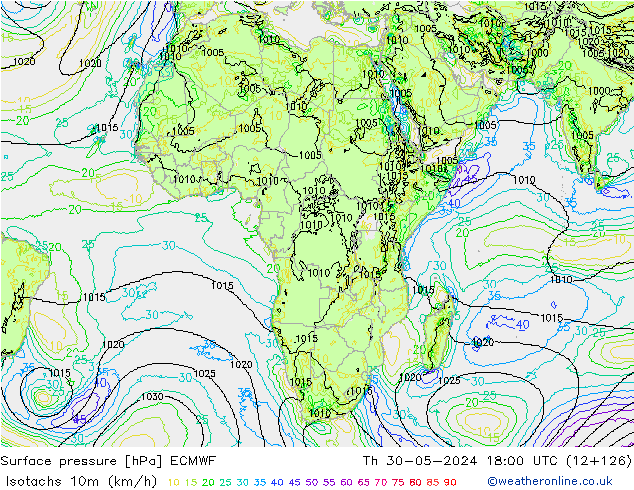 Isotachs (kph) ECMWF gio 30.05.2024 18 UTC