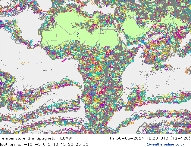 Temperatura 2m Spaghetti ECMWF gio 30.05.2024 18 UTC