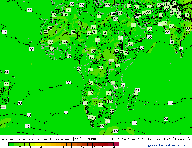 карта температуры Spread ECMWF пн 27.05.2024 06 UTC