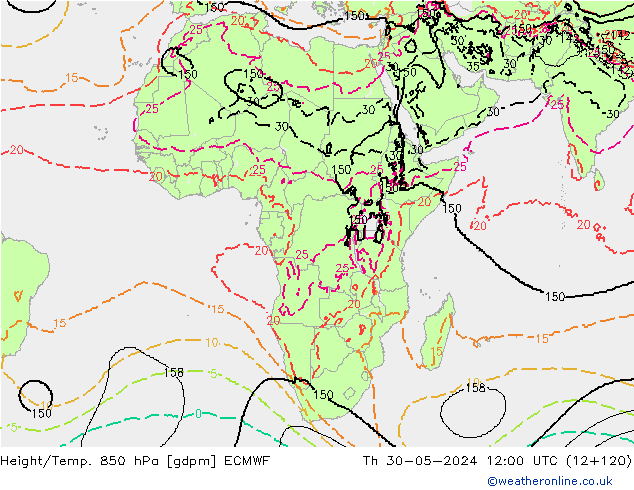 Height/Temp. 850 hPa ECMWF Do 30.05.2024 12 UTC