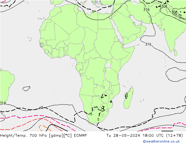 Hoogte/Temp. 700 hPa ECMWF di 28.05.2024 18 UTC