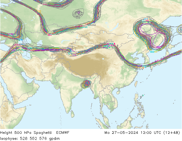 Height 500 hPa Spaghetti ECMWF Po 27.05.2024 12 UTC