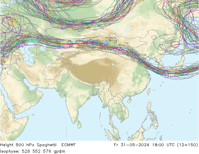 Height 500 hPa Spaghetti ECMWF Fr 31.05.2024 18 UTC