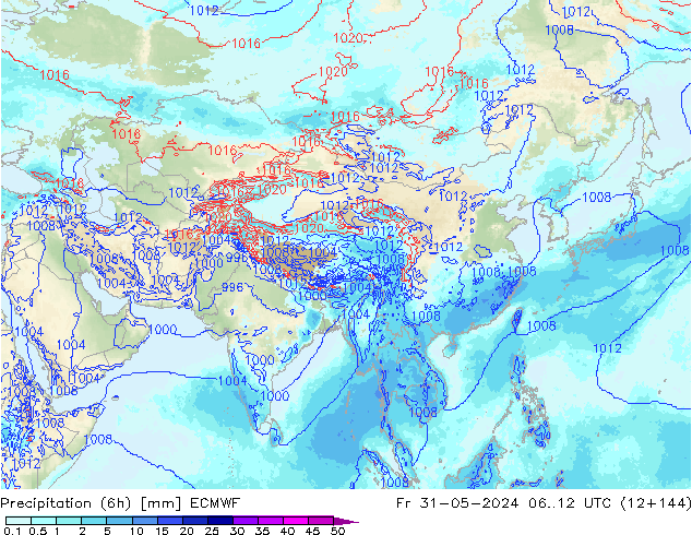 Totale neerslag (6h) ECMWF vr 31.05.2024 12 UTC