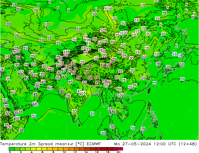 température 2m Spread ECMWF lun 27.05.2024 12 UTC