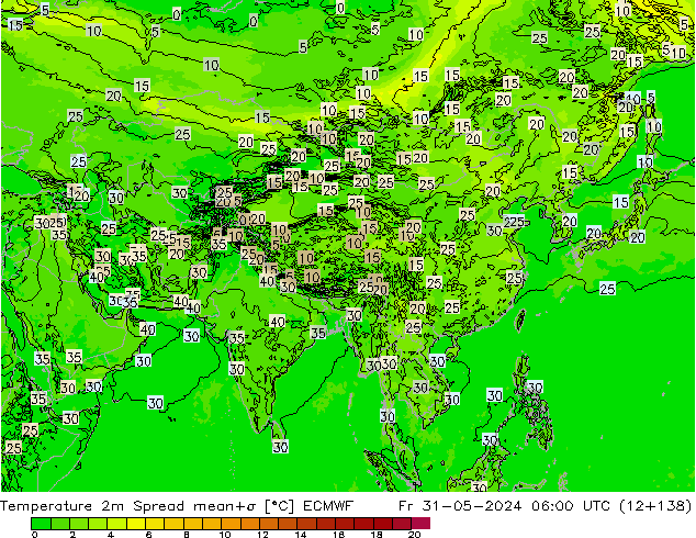 Temperatura 2m Spread ECMWF vie 31.05.2024 06 UTC