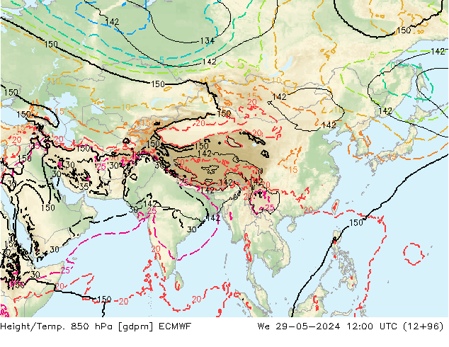 Height/Temp. 850 hPa ECMWF mer 29.05.2024 12 UTC