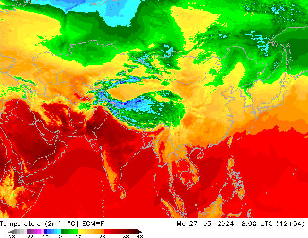 mapa temperatury (2m) ECMWF pon. 27.05.2024 18 UTC