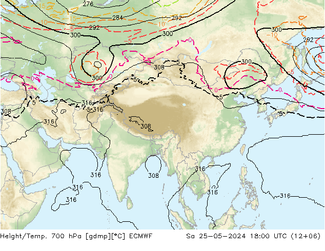 Height/Temp. 700 hPa ECMWF Sa 25.05.2024 18 UTC