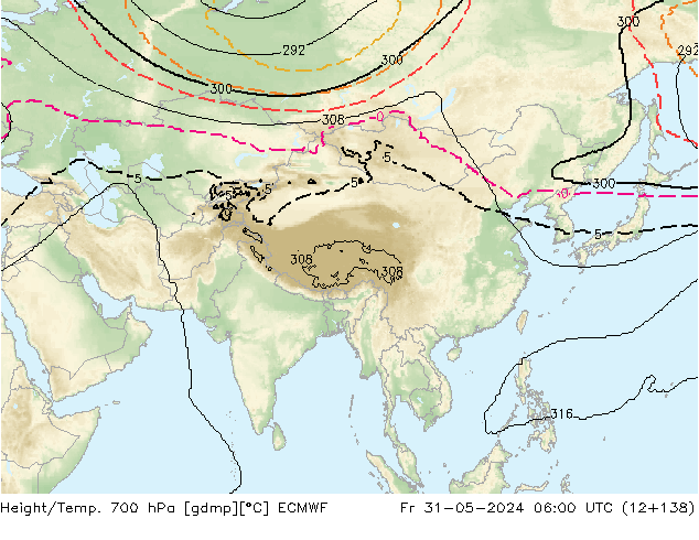 Geop./Temp. 700 hPa ECMWF vie 31.05.2024 06 UTC