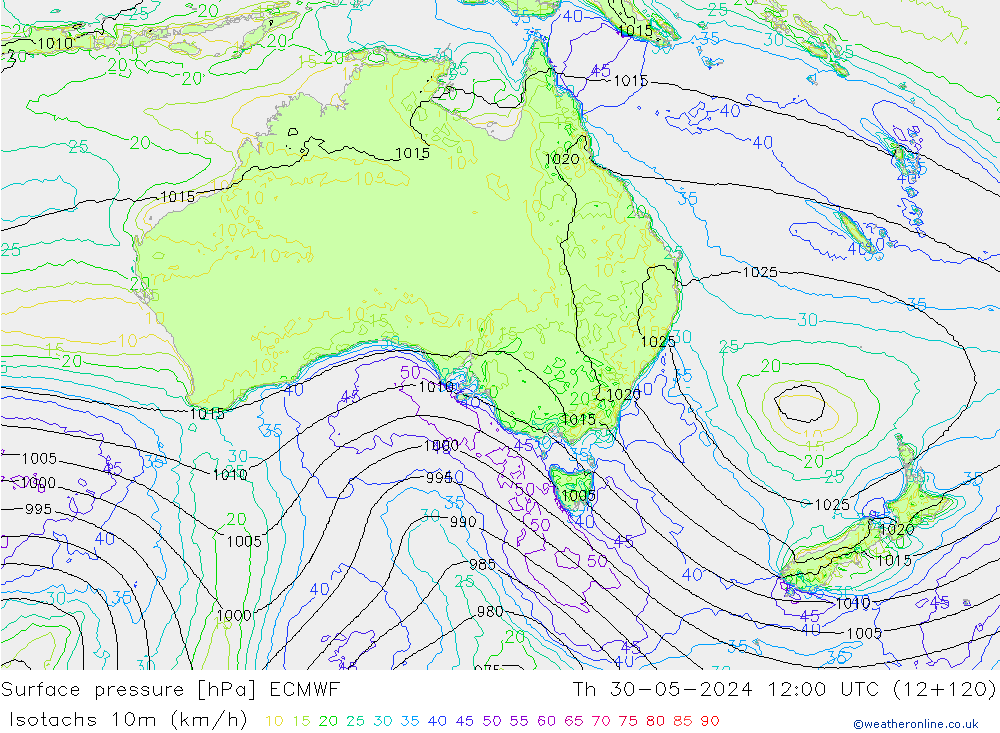 Isotachs (kph) ECMWF Čt 30.05.2024 12 UTC