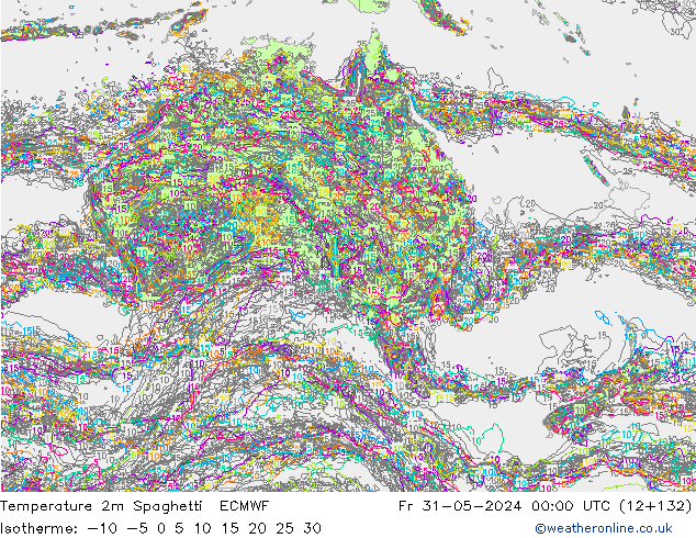 Temperatura 2m Spaghetti ECMWF ven 31.05.2024 00 UTC