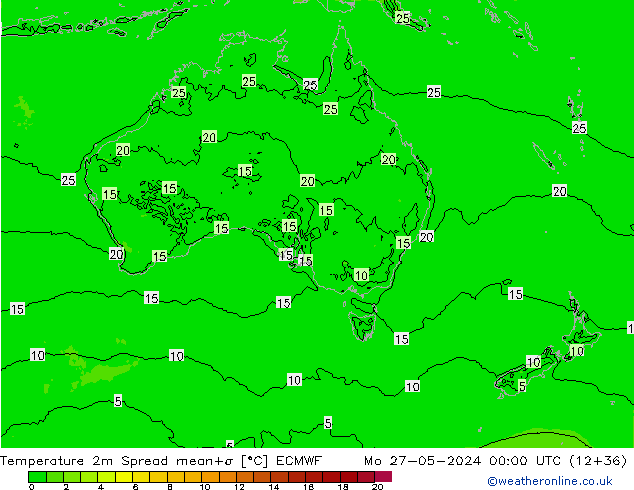 Temperatura 2m Spread ECMWF lun 27.05.2024 00 UTC