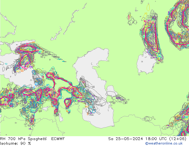 RH 700 hPa Spaghetti ECMWF Sa 25.05.2024 18 UTC