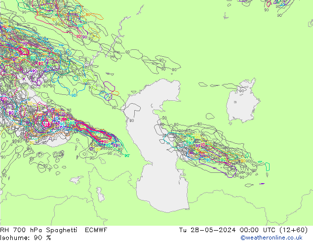 RH 700 hPa Spaghetti ECMWF Tu 28.05.2024 00 UTC