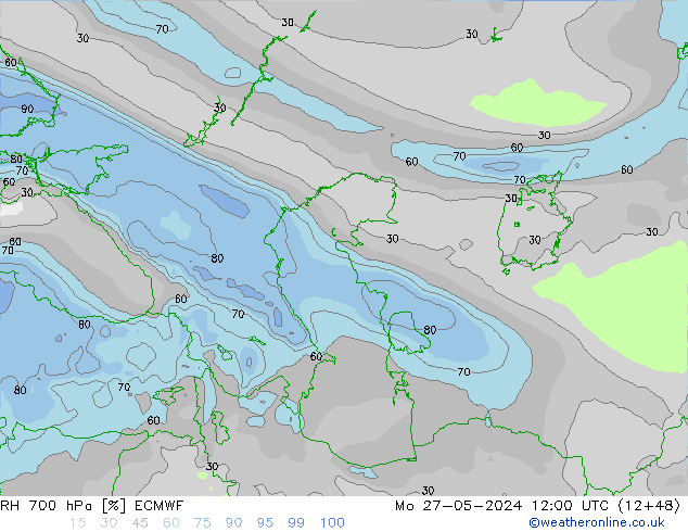 RH 700 hPa ECMWF Mo 27.05.2024 12 UTC