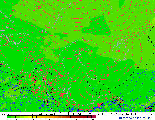 Surface pressure Spread ECMWF Mo 27.05.2024 12 UTC