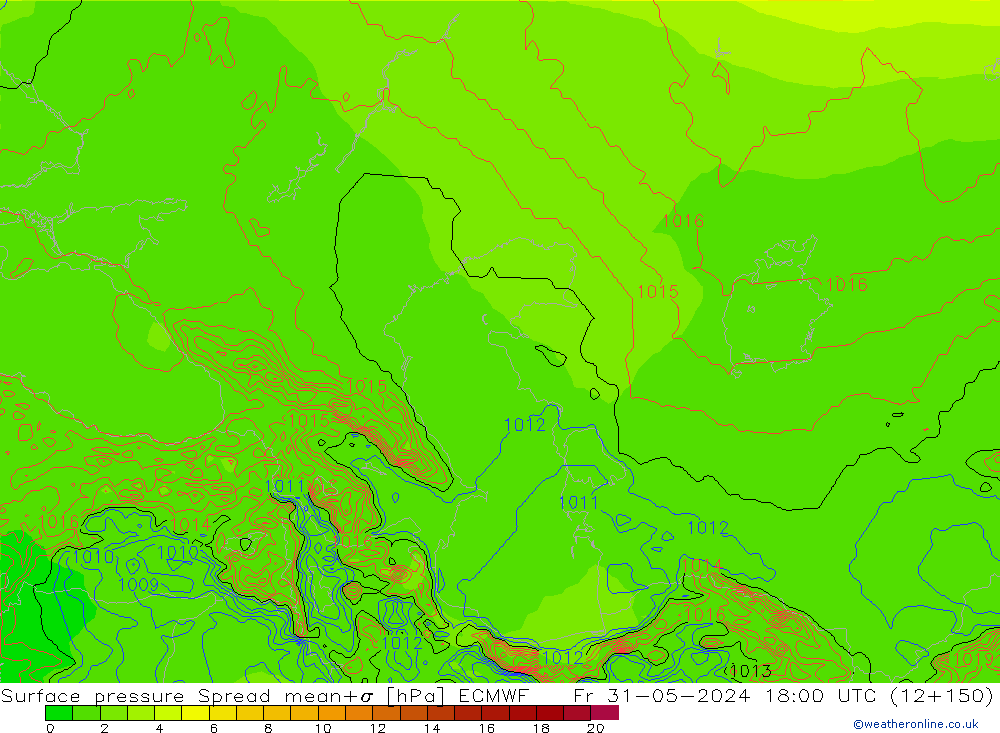 Presión superficial Spread ECMWF vie 31.05.2024 18 UTC