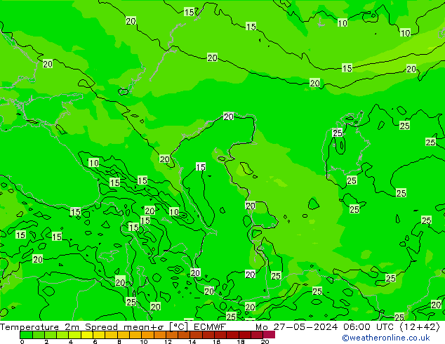карта температуры Spread ECMWF пн 27.05.2024 06 UTC