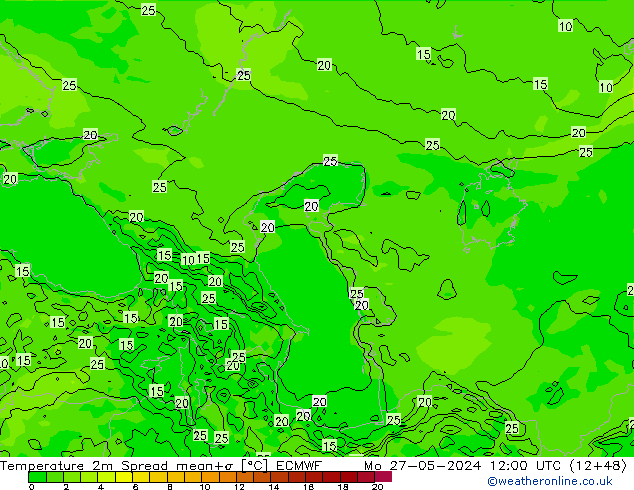 Temperature 2m Spread ECMWF Mo 27.05.2024 12 UTC