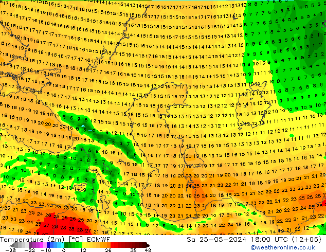 карта температуры ECMWF сб 25.05.2024 18 UTC