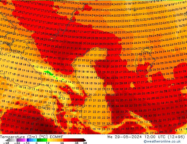 Temperatura (2m) ECMWF mié 29.05.2024 12 UTC