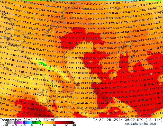 mapa temperatury (2m) ECMWF czw. 30.05.2024 06 UTC