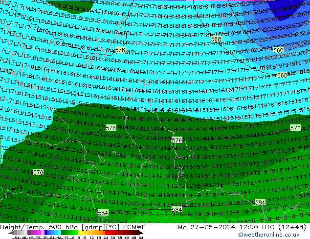 Height/Temp. 500 hPa ECMWF Mo 27.05.2024 12 UTC