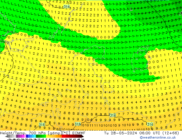 Height/Temp. 700 hPa ECMWF wto. 28.05.2024 06 UTC