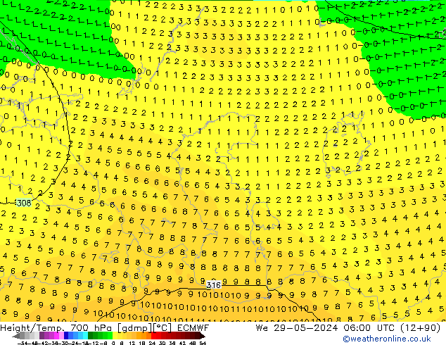 Height/Temp. 700 hPa ECMWF We 29.05.2024 06 UTC